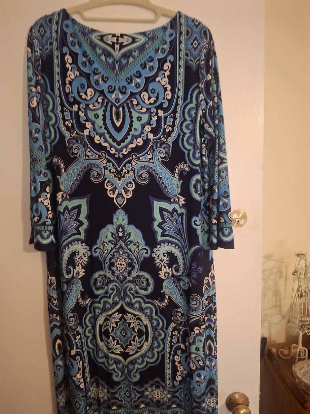 Chico's Navy, Teal & Light Blue Paisley 3 Quarter Length Sleeve Shift Dress